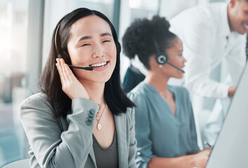 Call center, smile and portrait of asian woman at computer for customer service, telemarketing and help desk. Happy, solution and contact us with consultant for technical support, advisory and sales