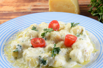 rondelli cannelloni delicious gnocchi pasta in white sauce with parmesan cheese, tomatoes, basil, herbs, healthy food of Italian and French cuisine