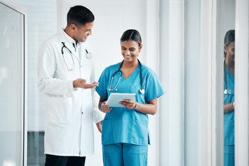 Nurse, doctor or healthcare team with tablet planning schedule, life insurance or medical research....