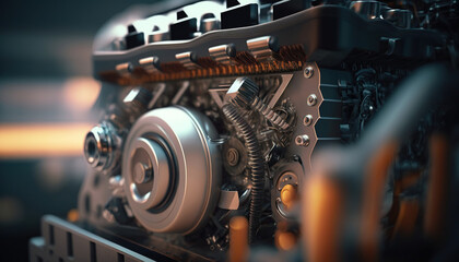 Fototapeta na wymiar Powerful engine closeup. Clean motor block, generative Ai