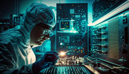 Inside workings of a microchip or semiconductor factory. A.I Generated