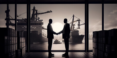 silhouette of two persons shake hand in business suite for a business partnership deal