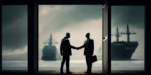silhouette of two persons shake hand in business suite for a business partnership deal