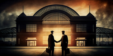 silhouette of two persons shake hand in business suite for a business partnership deal