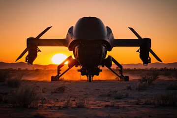 Naklejka na ściany i meble Military Drone: Silhouetted Sunset Flight Generative AI
