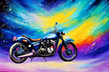 Fototapeta premium Illustration of a colorful sky and a vintage motorbike