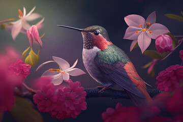 Close up of hummingbird on a cherry blossom branch in full bloom, surrounded by falling petals in a serene Japanese garden. Generative AI.