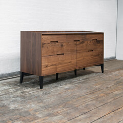 Wooden modern table with drawers, old wood cupboard with drawers