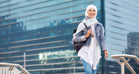 Happy muslim and woman in city for travel, goal and future career against building in Dubai with mockup. Islamic, smile and girl student for intern, program or experience with vision or mindset