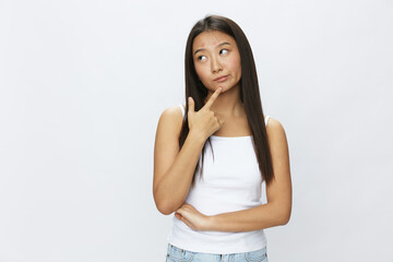 Asian woman facial skin problems, acne and inflammation, red rashes and allergies, chicken pox,...