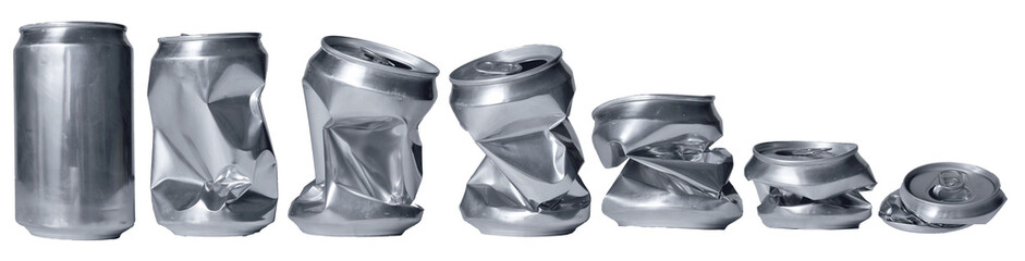 Set of crumpled Energy drink soda can in various shape, isolated cut out object
