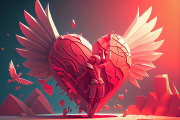 Heart shaped with pink cupid wings in heart decoration generative ai