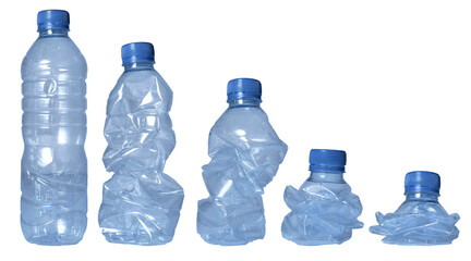 Set of crumpled plastic water bottle in various shape, isolated cut out - obrazy, fototapety, plakaty