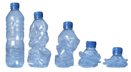 Set of crumpled plastic water bottle in various shape, isolated cut out