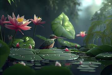 A hummingbird feeding on a lotus flower in the middle of a tranquil pond surrounded by lush vegetation. Generative AI.