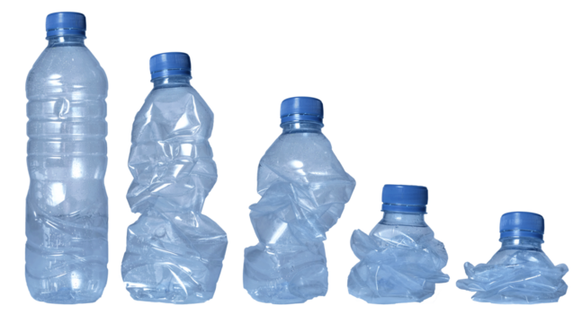 Set of crumpled plastic water bottle in various shape, isolated cut out