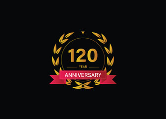 120 year anniversary celebration. Anniversary logo with ring and elegance golden color isolated on black background, vector design for celebration.