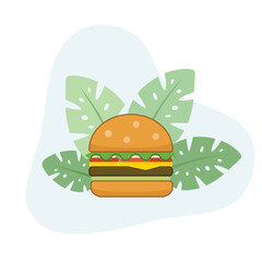 Hamburger flat design vector Illustration Icon decorated with leaves for web use for fast food, burger, meal, lunch.