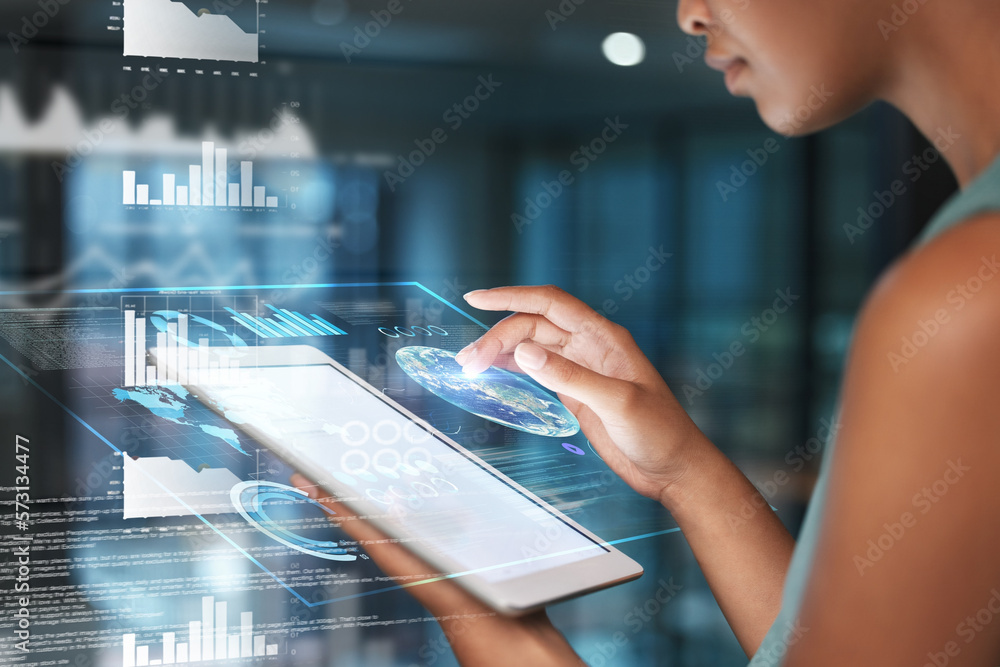 Poster Black woman hands on tablet, data overlay and erp app innovation, research and programming in future technology. Futuristic global network, analytics and web developer for business website software