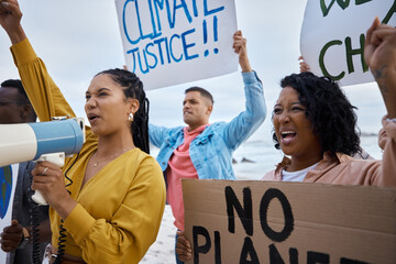Protest, global warming and megaphone with black woman at the beach for environment, earth day and...