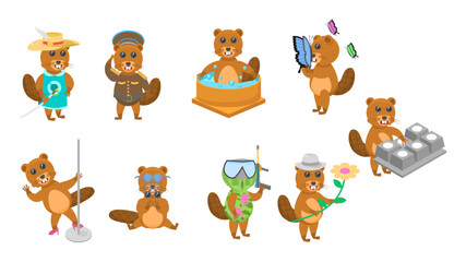 Big Set Abstract Collection Flat Cartoon Different Animal Beavers Vector Design Style Elements Fauna Wildlife