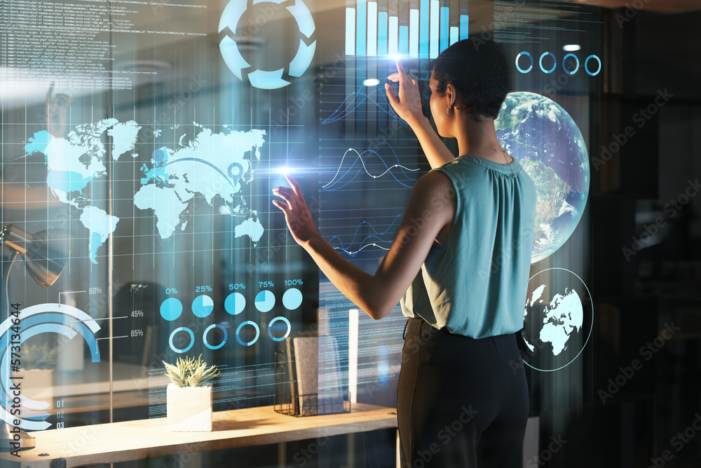 Poster business chart, future hologram and woman pointing at finance dashboard, stock market database or ni