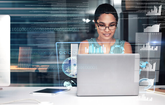Laptop hologram hud, working and woman review finance chart, stock market database or futuristic night overlay. Forex investment, online data analysis or African trader trading NFT, bitcoin or crypto