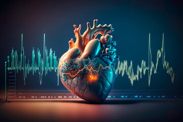 Blue background with heartbeat line. medicine, pulse.Generative AI - obrazy, fototapety, plakaty