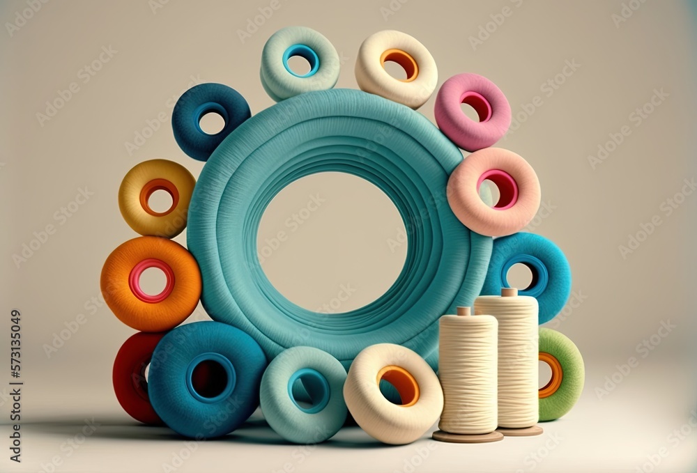 Poster copy space in the shape of a circle formed by spools of varying colors on a white backdrop. generati