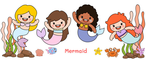 Mermaids Filled Clipart, sea animals and ocean life objects