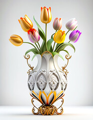Illustration of porcelain textured colorful tulip flower vase, AI-generated image.	