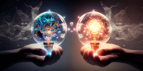 Creativity with glowing light bulbs.Hand hold Generative AI