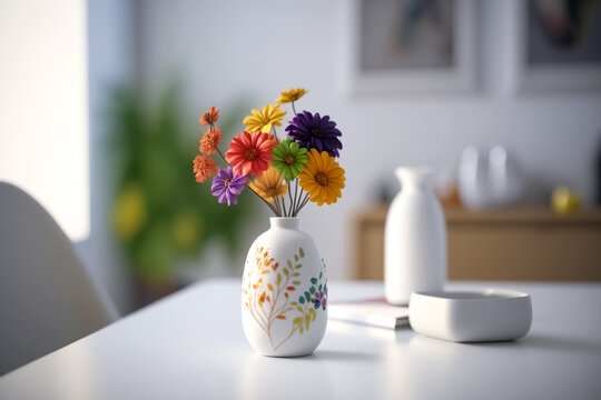 Arrangement of colorful flowers in the vase in a white a room, AI generated image.	