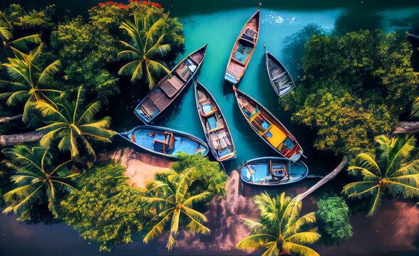 Illustration of an aerial view of fishing boats in a tropical village, AI-Generated image.