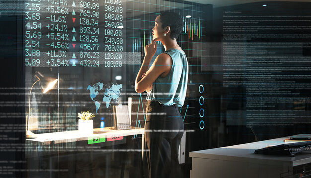 Hologram numbers, stock exchange or business woman review finance panel, IPO database or future night overlay. Forex investment ui, data analysis hud or thinking broker trading NFT, bitcoin or crypto