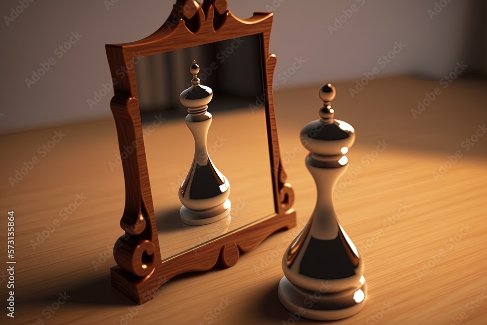 Poster a chess pawn is reflected as a chess queen in a mirror set vertically on a wooden table. generative 