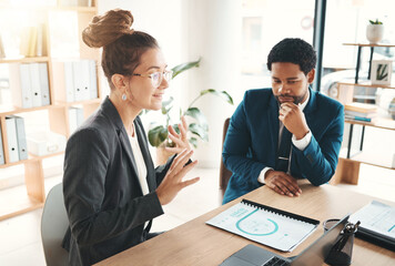 Business people, talking and planning report, documents or strategy in office. Diversity, employees and discussion of ideas, vision and kpi sales targets with data analysis, teamwork or collaboration