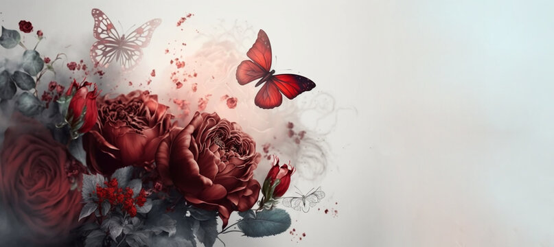 Red roses and butterflies banner, generative AI