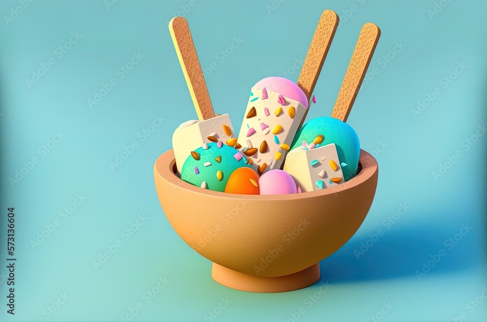 Poster vegan ice cream on a stick in a basin of ice. close-up vertical. generative ai