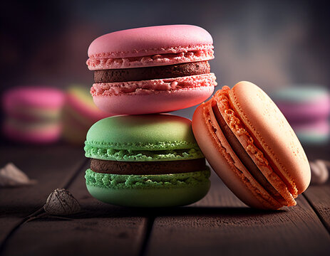  Baked colored macaroon pastry cookies macarons. Generative Ai