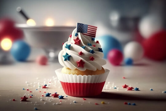 Cupcake with American flag on clored background. US Holidays. Cake on 4th of July, Independence day, Presidents Day. Cupcake with icing and sprinkles created with Generative AI technology