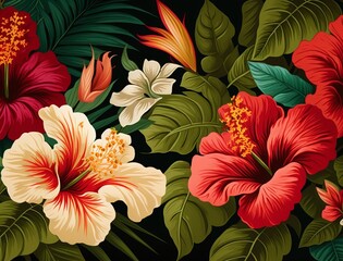 Seamless and abstract tropical floral background pattern. Generative AI.