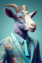 Goat  as Fashion Model in Floral Suite Summer Dressing Generative AI Digital Illustration Part#190223