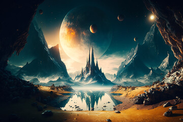 Fototapeta premium A fantasy alien world with several planets and stars in the sky and mountains. Generative AI.