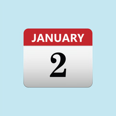 January 2. Calendar icon. Vector illustration, flat style. Date, day of month. Sunday, Monday, Tuesday, Wednesday, Thursday, Friday, Saturday. Weekend, red letter day.