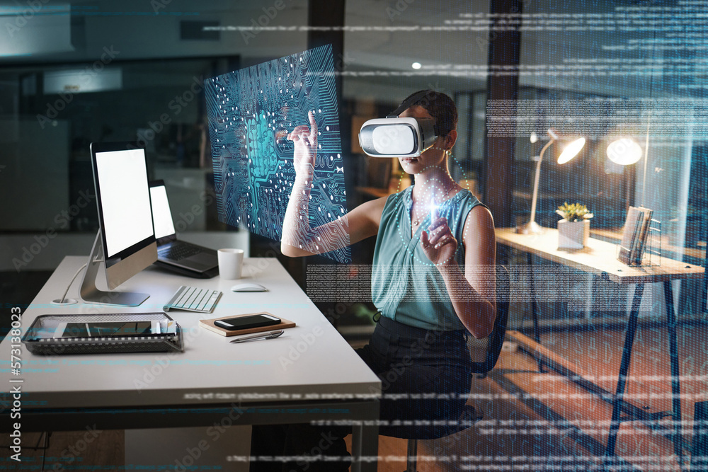 Poster Woman, night and 3d vr headset with hologram network, web design and planning for global cybersecurity. Developer, augmented reality in metaverse for cloud computing or coding at office with ui
