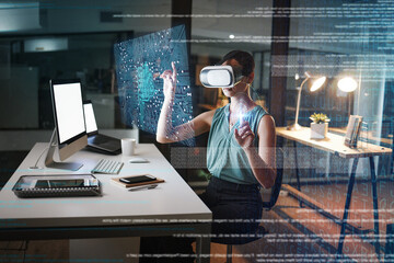 Woman, night and 3d vr headset with hologram network, web design and planning for global cybersecurity. Developer, augmented reality in metaverse for cloud computing or coding at office with ui
