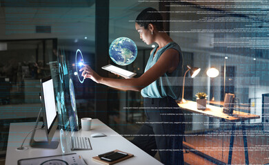 Tablet, Earth hologram and business woman reading finance chart, stock market database or future globe overlay. Global forex investment, economy ui hud and night trader trading NFT, bitcoin or crypto