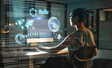 Computer, global analytics hologram or woman review finance data, stock market database or...