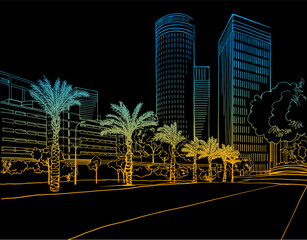 Urban landscape. Nice view on the modern Tel Aviv, Israel. Colourful Urban sketch. Hand drawn line sketch. Vector illustration on black.